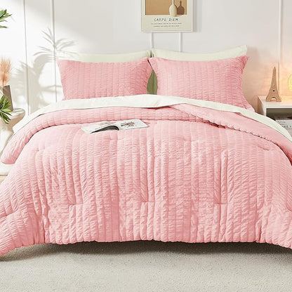 HYMOKEGE Pink/Ivory King Size Comforter Set Seersucker 7 Pieces, All Season Luxury Bed in a Bag for Bedroom, Bedding Set with Comforter, Sheets, Pillowcases & Shams