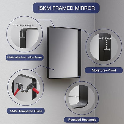 ISKM Black Framed Mirror for Bathroom 60" x 40" Matte Black Bathroom Vanity Mirror Anti-Rust, Tempered Glass, Rounded Rectangle Mirror(Horizontal/Vertical)