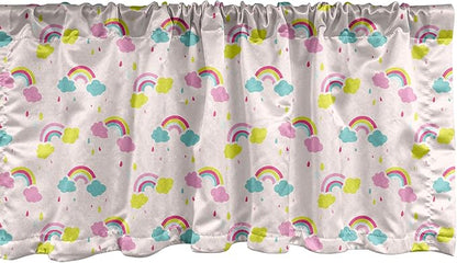 Ambesonne Cartoon Window Valance Pack of 2, Pastel Rainbows Clouds Raindrops Sky Theme, Rod Pocket Curtain Valances for Kitchen Bedroom, 42" X 12", Rose and Multicolor