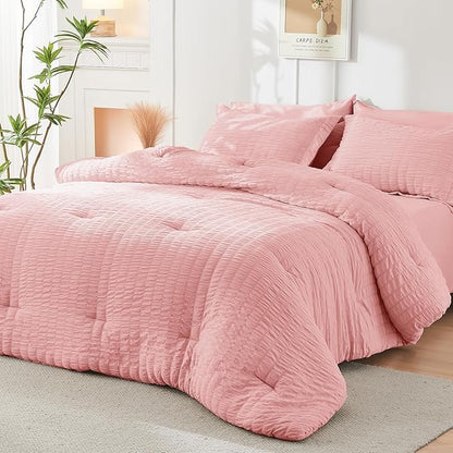 HYMOKEGE Rose Pink King Size Comforter Set Seersucker 7 Pieces, All Season Luxury Bed in a Bag for Bedroom, Bedding Set with Comforter, Sheets, Pillowcases & Shams