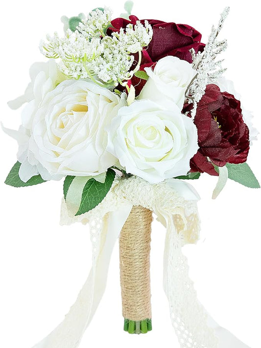 Wedding Bouquets for Bride Bridesmaid, Artificial Burgundy Champagne Bride Flower Bouquet for Wedding Church Decoration Ceremony, Anniversary, etc, Roses Flowers