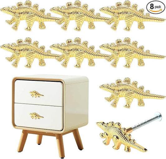 8 Pack Metal Dinosaur Knobs for Kids Furniture - Stego Style Gold Finish Drawer Pulls & Cabinet Handles, Scratch-Resistant (Stegosaurus)