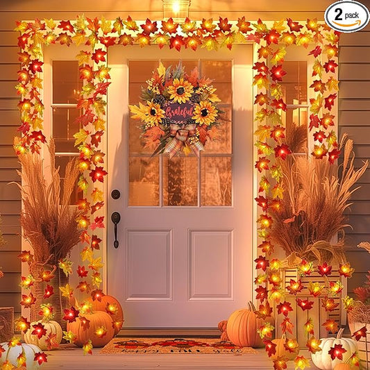 2 Pack Thanksgiving Decorations Maple Leaf Pumpkin Lights, Total 20Ft 40 LED Battery Operated 3D Pumpkin Fall Leaves Garland String Lights for Home Mantel Table Porch Door Indoor Outdoor Fall Decor