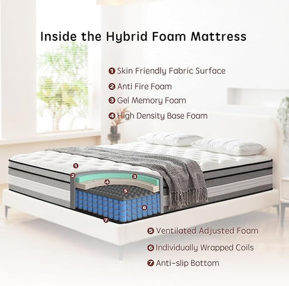 Queen mattress, 12 Inch Innerspring Hybrid Mattresses in a Box with Gel Memory Foam, Individually Wrapped Encased Coil Pocket Spring Mattress, Pressure Relief, Medium Firm Support, 60"*80"*12"