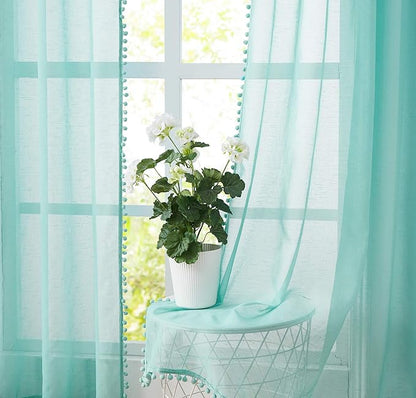 Treatmentex Pompom Sheer Window Curtains for Bedroom Aqua-Blue 95inches Length Decorative Sheer Window Drapes for Wedding Party Ceremony 52" W x 2 Panels Rod Pocket