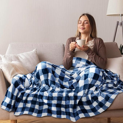 PAVILIA Buffalo Check Fleece Throw Blanket | Blue White Checkered Plaid Flannel Blanket | Soft Velvet Lightweight Microfiber Blanket for Bed Couch Sofa | 60x80 Inches Checker Navy