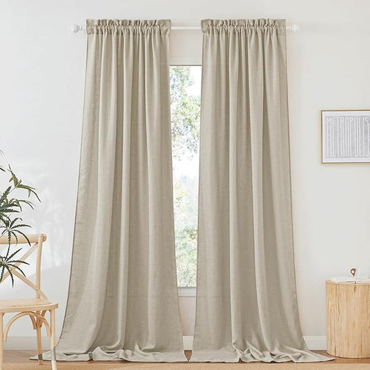 RYB HOME Semi Sheer Curtains - Linen Sheer Curtains Privacy Window Decor for Living Room Home Office Cafe Bay Window, Beige, 52 x 108 inch Long, 2 Pcs
