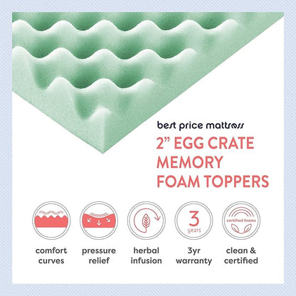 Best Price Mattress 2 Inch Egg Crate Memory Foam Mattress Topper with Calming Aloe Infusion, CertiPUR-US Certified, Queen,Green