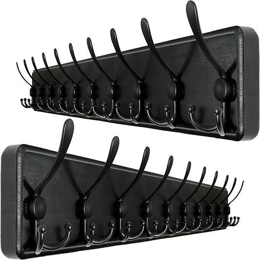 WEBI Coat Rack Wall Mount,38 9/16" Long,10 Tri Hooks for Hanging Coats,16" Hole to Hole,Wood Coat Hooks Wall Mounted,Wall Coat Hanger for Clothes,Jacket,Hats,Rustic Black,2 Packs