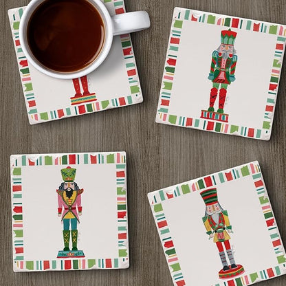 Thirstystone Holiday Nutcrackers 4 Pack Assorted Tumbled Tile Stone Coasters with Protective Cork Backing 4" Square Manufactured in The USA