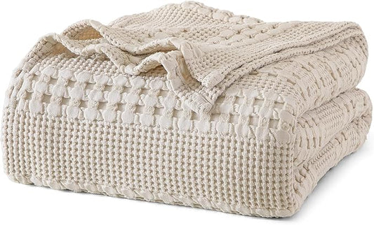 PHF 100% Cotton Waffle Weave Blanket King Size for Bed, Soft Lightweight & Breathable, All-Season Comfort, Luxury Aesthetic Woven Bedding for Home Decor, 108"x90", Oatmeal