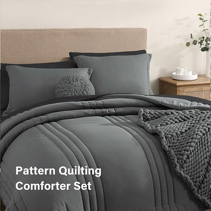 Monbix Twin XL Size Comforter Set - Extra Long 5 Pieces Dorm Bedding Sets, Quilting Design Fluffy Bed in a Bag Twin XL with Sheets, Pillowcase & Sham(Grey)