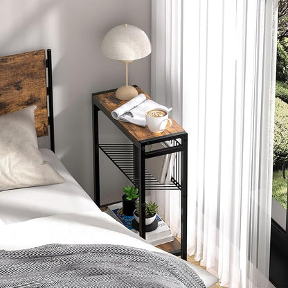 Small Side Table for Small Space, 3-Tier Narrow End Table with Magazine Holder,Slim Nightstand, Skinny Snack Couch Table in Living Room, Bedroom Study and Balcony (Rustic Brown &Black)