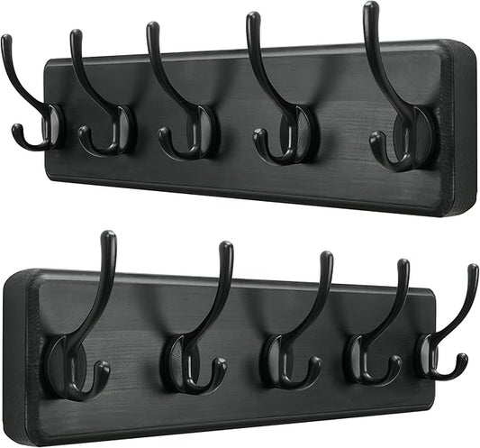 SKOLOO Rustic Wall Mounted Coat Rack, Case of 2, Pine Solid Wood Coat Hook Hanger - 5 Hooks for Hanging Clothes Robes Towels Coats