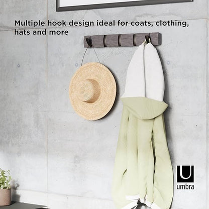 Umbra Flip Wall-Mounted Coat Rack with 5 Hooks – Modern, Space-Saving Storage for Hats, Jackets, Bags, Entryway, Mudroom, Closet, Bathroom, Bedroom – Grey/Pewter