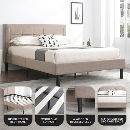 Decoro Mornington Upholstered 2.0 Platform Bed, Button-Tufted Fabric Headboard and Metal Frame with Wood Slat Support, Linen, Full