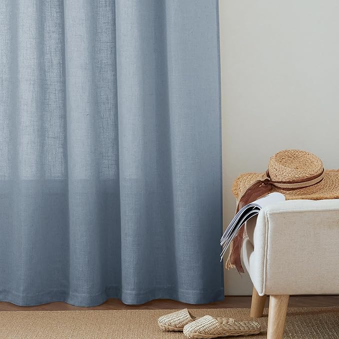 RYB HOME Linen Curtains 95 inch Length for Living Room Bedroom, Light Filtering Half Privacy Rustic Extra Long Elegant Semi Sheer for Kitchen Bathroom, W 100 x L 95 inches, Dusty Blue, 1 Panel