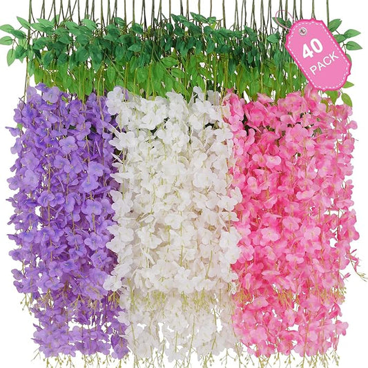 40 Pack Pink Purple White Wisteria Hanging Flowers, Fake Hanging Flowers for Decoration,Vines for Bedroom, Wisteria Flower Garland for Home ,Party,Wall,Wedding Decoration,Baby Shower(3.6 Ft/Pcs)