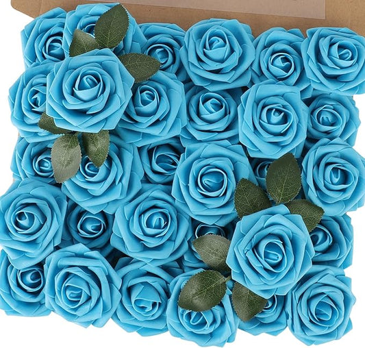 MACTING Artificial Flower Roses 30PCS Real Touch Fake Foam Roses with Stem Fake Flowers for DIY Wedding Bridal Bouquets Party Baby Shower Home Indoor Outdoor Spring Mothers Day Decor(Dark Teal Blue)