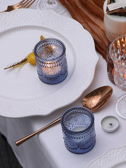 DEVI 24pcs Navy Blue Votive Candle Holders for Table Centerpieces, Blue Tealight Candle Holder for Bridal Shower Decorations, Boho Wedding Decorations for Home Party, Blue Sunflower Decor