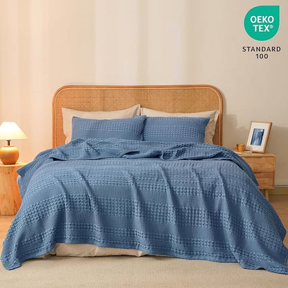 PHF 100% Cotton Waffle Weave Blanket King Size for Bed, Soft Lightweight & Breathable, All-Season Comfort, Luxury Aesthetic Woven Bedding for Home Decor, 108"x90", Denim Blue