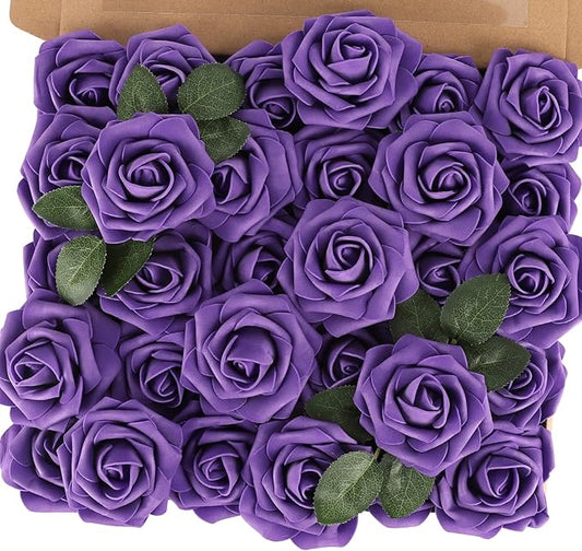 MACTING Purple Artificial Flowers 30PCS Fake Roses with Stem Real Soft Touch Foam Roses DIY Wedding Bouquet Table Centerpieces Party Bridal Shower Home Halloween Decorations