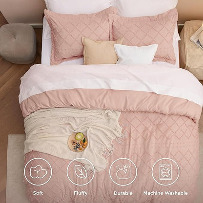 Bedsure Twin Comforter Set - Coral Pink Comforter, Boho Tufted Shabby Chic Bedding for Kids, 2 Pieces Vintage Farmhouse Bed Set for All Seasons, Fluffy Soft Bedding with 1 Pillow Sham
