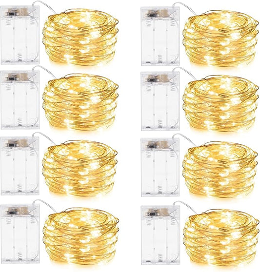 Minetom Fairy Lights Battery Operated, 8 Pack 7 FT 20 LED String Lights with Timer, Waterproof Silver Wire Christmas Fairy Light for Bedroom Party Wedding Decorations, Warm White