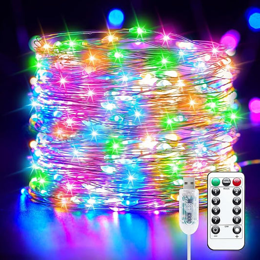 Fairy Lights Plug in, 33FT 100LEDs USB Twinkle Lights with Timer and Remote, Starry String Lights 8 Modes for Wreath Wedding Party Indoor Christmas Decoration, Multicolor