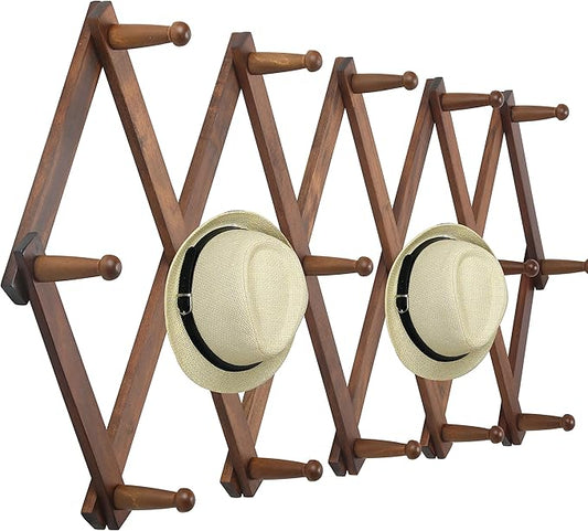 WEBI Accordion Wall Hanger, Wooden Coat Rack Wall Mounted, Hat & Cap Hook Rack, 16 Peg Hooks, Walnut Color