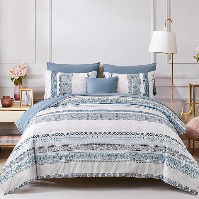 Cottolester Boho Comforter Set Full Size Light Blue Comforter Set 8 Piece Bed in a Bag Striped Paisley Bedding Sets