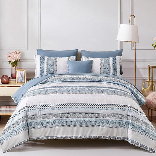 Cottolester Boho Comforter Set Full Size Light Blue Comforter Set 8 Piece Bed in a Bag Striped Paisley Bedding Sets