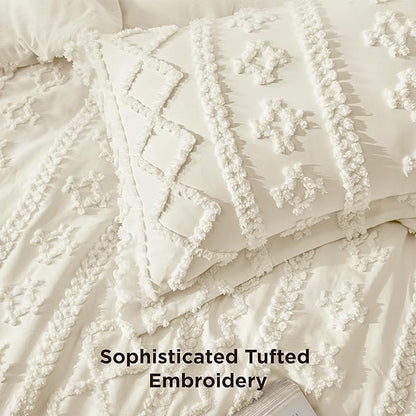 Bedsure Tufted Boho Comforter Set King Size - Ivory Boho Bed Set, GentleSoft™ 3 Pieces Farmhouse Shabby Chic Embroidery Bedding, Gifts for Woman, Soft Jacquard King Comforter for All Seasons