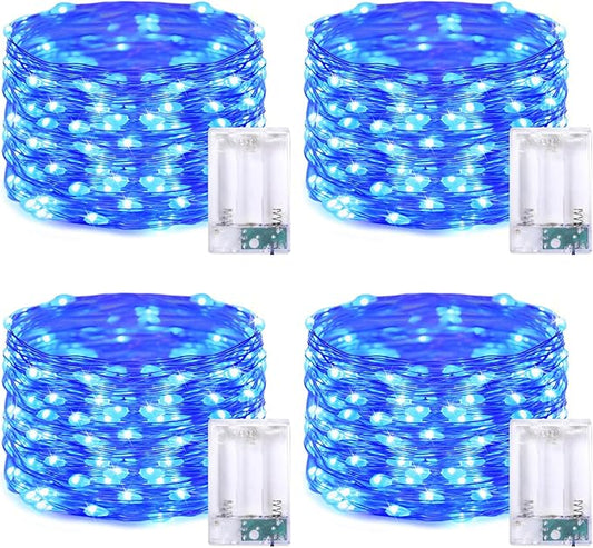 JMEXSUSS 4 Pack 50 LED Fairy Lights Battery Operated Silver Wire 16.1ft Waterproof Blue Christmas Lights for Party Wedding Indoor Outdoor Decorations