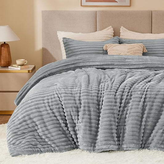 BEDELITE Fleece Twin Comforter Set -Super Soft & Warm Fluffy Light Grey Bedding, Luxury Fuzzy Heavy Bed Set for Winter with 1 Pillow case