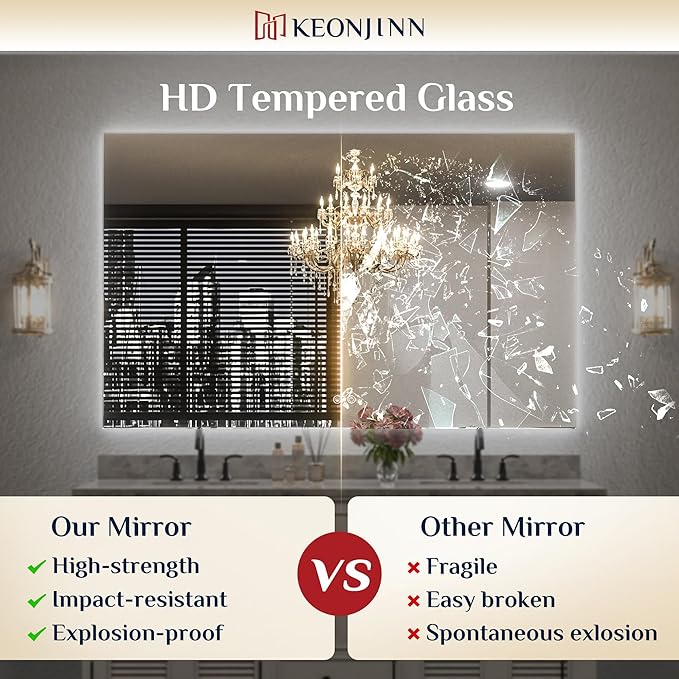 Keonjinn 47.8 x 24 Inch LED Bathroom Mirror with Backlit, Dimmable Vanity Mirror with Lights, High Lumen, Anti-Fog, CRI90+, UL Listed LED Driver, HD Tempered Glass