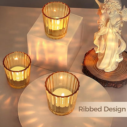 ComSaf Votive Candle Holders, 12 PCS Glass Candle Holders, Ribbed Tealight Candle Holder for Table Centerpieces, Gold Candle Holder for Wedding, Party, Baby Shower, Special Occasions, Fall Home Decor