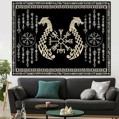 OSUNBD Viking Dragon Tapestry Ancient Rune Dragon Totem Norse Mythology Wall Art Tapestries Black Mystical Geometric Norse Mythology Tapestry Large Size 78.7”x59.1” for Bedroom Living Room Dorm