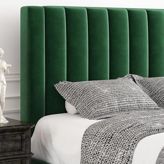 Allewie Queen Bed Frame/Velvet Upholstered Bed Frame with Vertical Channel Tufted Headboard/Strong Wooden Slats/Platform Bed Frame/Mattress Foundation/Box Spring Optional/Easy Assembly/Green