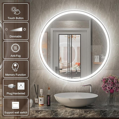 30 Inch LED Round Mirror for Bathroom, Front & Backlit Vanity Round Bathroom Mirror with Lights, Wall Mounted, Dimmable 6000K Daylight, Anti-Fog, CRI 90+