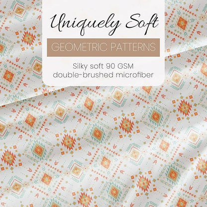 Linen Market Double-Brushed Patterned Microfiber California King Sheet Set 4 Piece – Oeko-TEX Certified Ultra Soft & Wrinkle-Free - 16" Deep Pocket Sheets Easy Care Cal-King Size - Aztec Dreams Coral