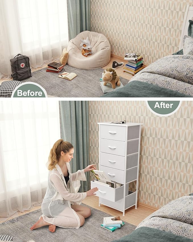 Crestlive Products Tall Dresser for Bedroom Vertical Storage Tower - Sturdy Steel Frame, Wood Top, Easy Pull Fabric Bins, Handles - Organizer Unit for Hallway, Entryway, Closets - 6 Drawers (White)