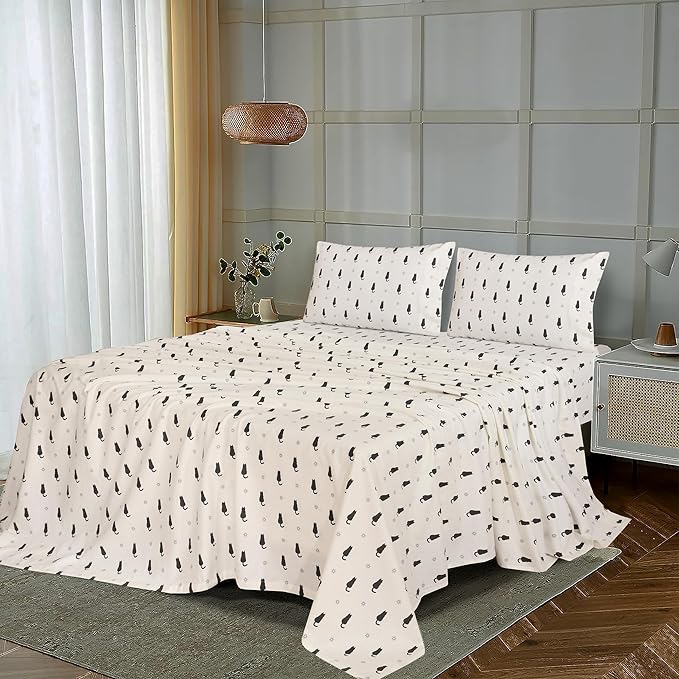 RUVANTI Flannel Sheets California King Size - 100% Cotton Brushed Cal King Bed Sheets Set - Deep Pockets 14 Inches - All Seasons Breathable & Extra Soft - Warm & Cozy, 4 Piece, Black Cat