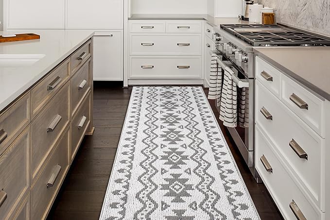 Custom Size Southwestern Style Runner Rug Mat for Wide Hallway Entryway Kitchen Laundry Room with Slip Resistant Latex Rubber Backing, Aztec Light Grey, 31 inch X 10 feet
