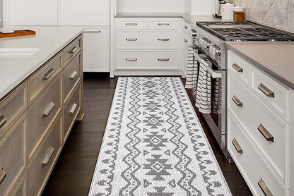 Custom Size Southwestern Style Runner Rug Mat for Wide Hallway Entryway Kitchen Laundry Room with Slip Resistant Latex Rubber Backing, Aztec Light Grey, 31 inch X 10 feet