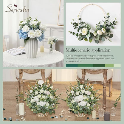 Serwalin 100 Pcs 7 Kinds Mixed Artificial Eucalyptus Leaves Stems Bulk with Flowers Faux Silver Dollar Eucalyptus Stmes Greenery Branches for Wedding Floral Arrangement Centerpieces Home Decor