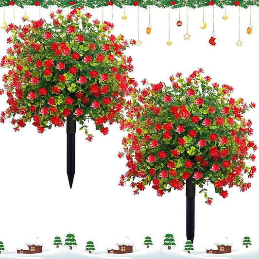 Set of 2 Artificial Topiary Boxwood Rose Ball Christmas Trees with Ground Spike,23" UV Resistant Outdoor Xmas Decor Faux Greenery Shrubs with Flowers, Fake Plants Bush for Garden, Yard, Porch