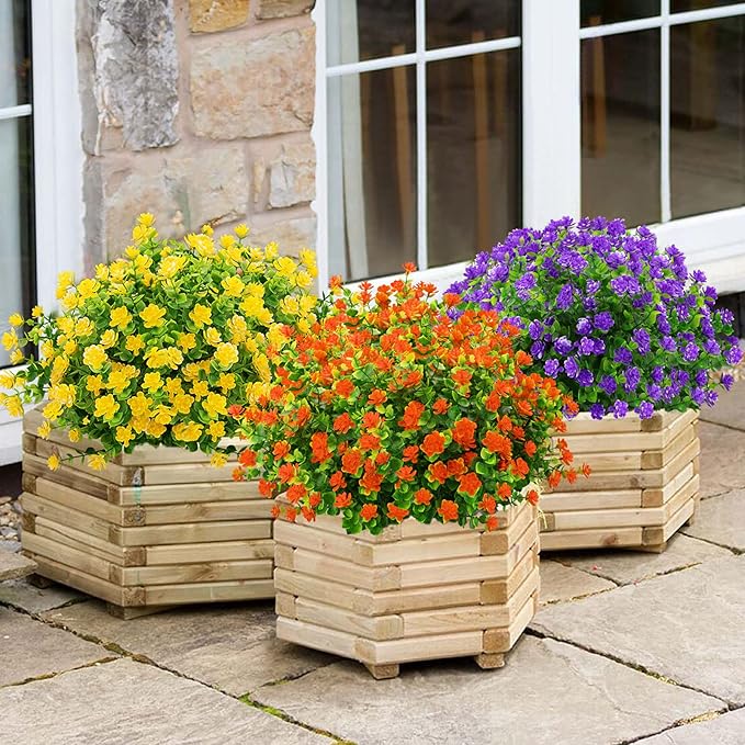 GREENRAIN Artificial Flowers Outdoor Fake Flowers for Decoration UV Resistant No Fade Faux Plastic Plants Garden Porch Window Box Décor (6 Bundles, 3#Purple)