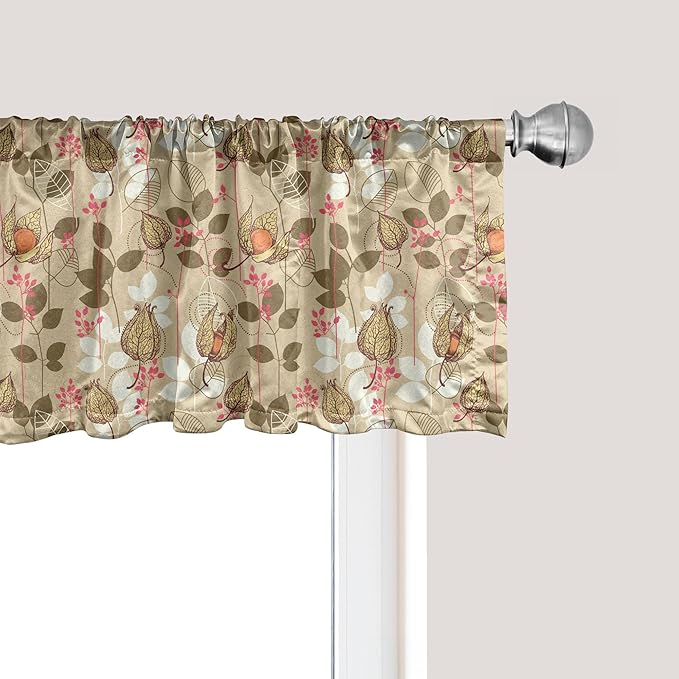 Ambesonne Autumn Window Valance Pack of 2, Seasonal Fruits and Leafs Vintage Botanical Print Soft Brown Toned Backdrop, Rod Pocket Curtain Valances for Kitchen Bedroom, 42" X 12", Sepia Multicolor