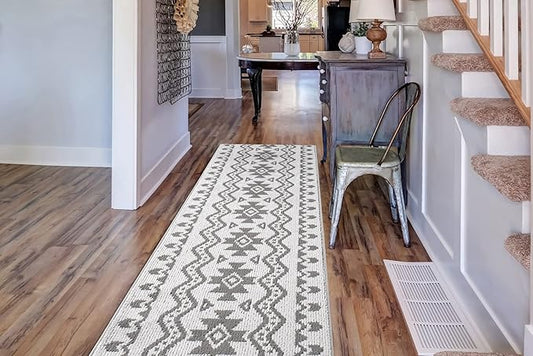 Custom Size Southwestern Style Runner Rug Mat for Wide Hallway Entryway Kitchen Laundry Room with Slip Resistant Latex Rubber Backing, Aztec Light Grey, 31 inch X 12 feet